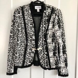 Joseph Ribkoff, Blazer, Black And White, With Black Fringe Trim, Size 8